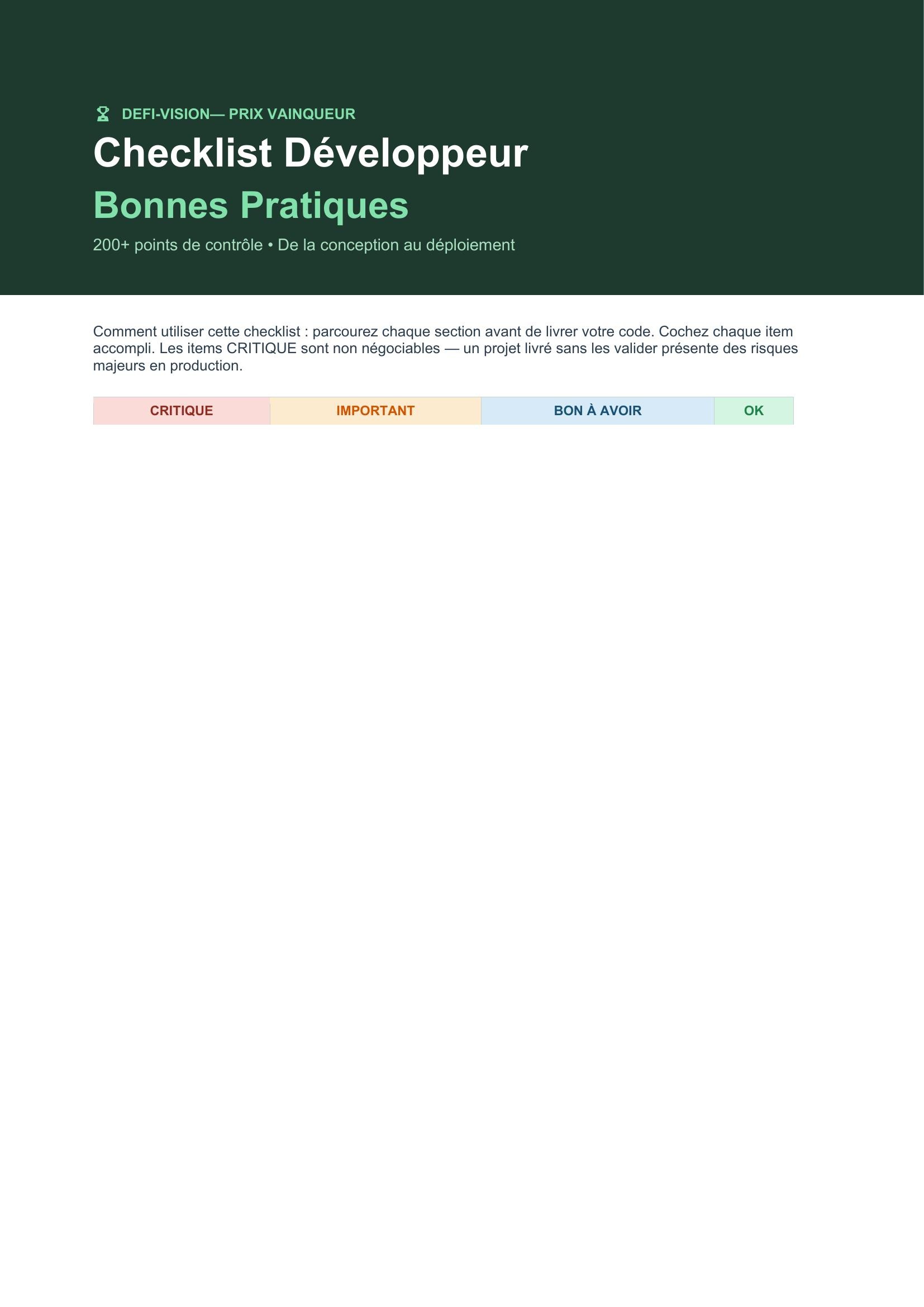 Aperçu de la page 1 de Checklist Développeur : Bonnes Pratiques
